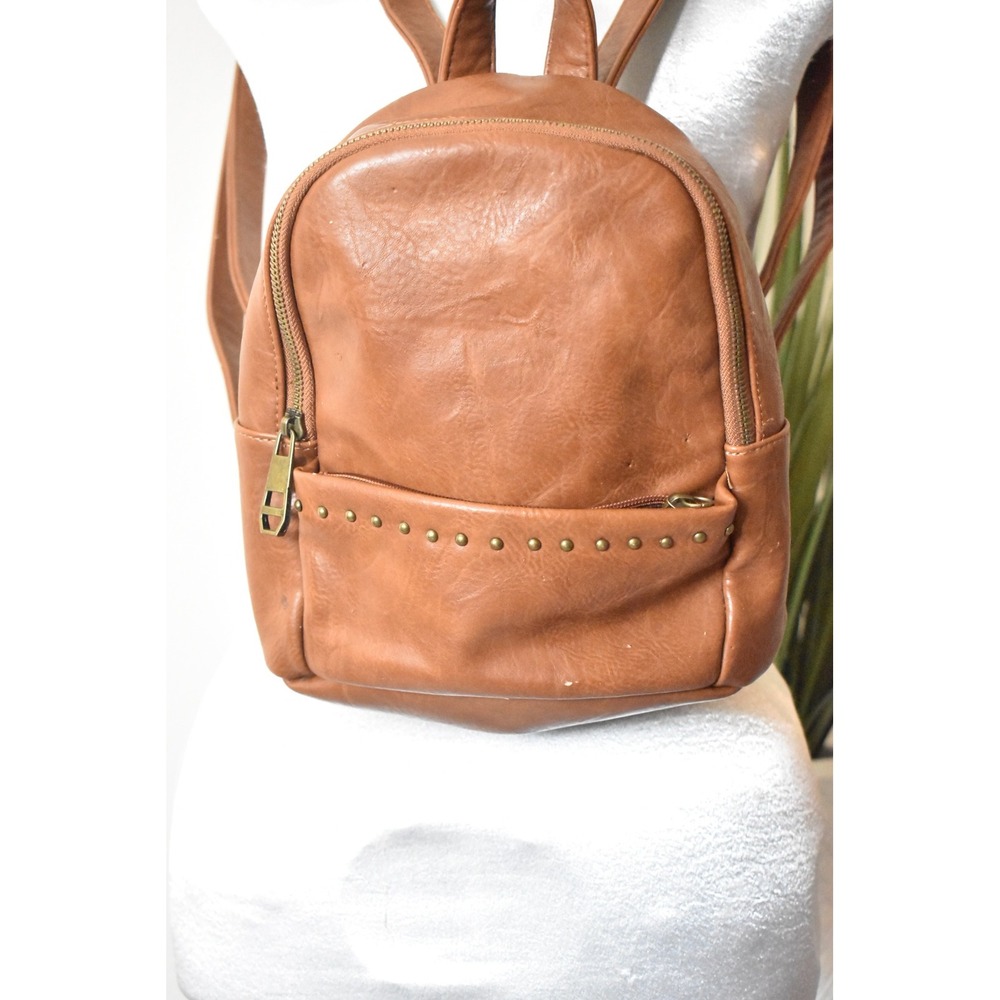 Madden Girl Mini Backpack Womens OS Cognac Brown Y2K Studded Faux Leather - Picture 2 of 8